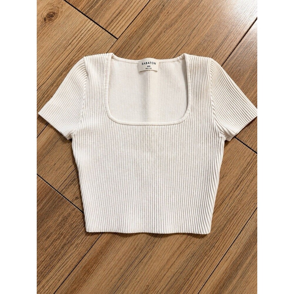 Babaton Aritzia Sculpt Knit Square Neck Ribbed Crop Top White 2XS XXS